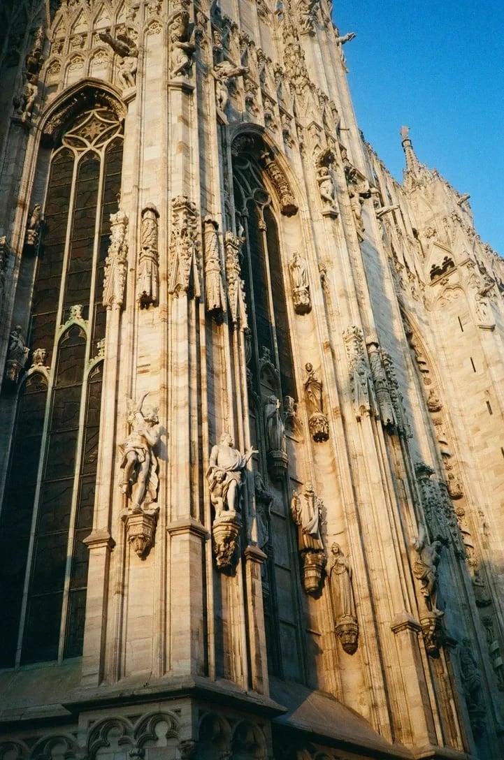 Stone cathedral facade in warm daylight